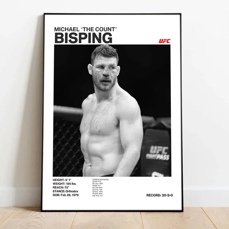 Retrato en blanco y negro de Michael "The Count" Bisping al estilo UFC, con su nombre y récord.