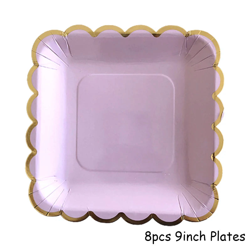 Eight 9-inch purple and gold party plates for celebrations