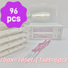 A box of elegant spiral cake candles with pink and white tips, showing 16 sets of six candles.