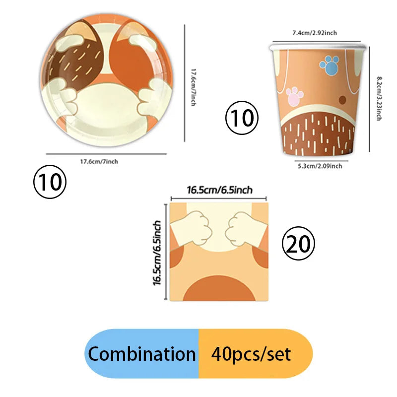 A set of blue dog party supplies disposable tableware including a plate, cup, and paw print items.