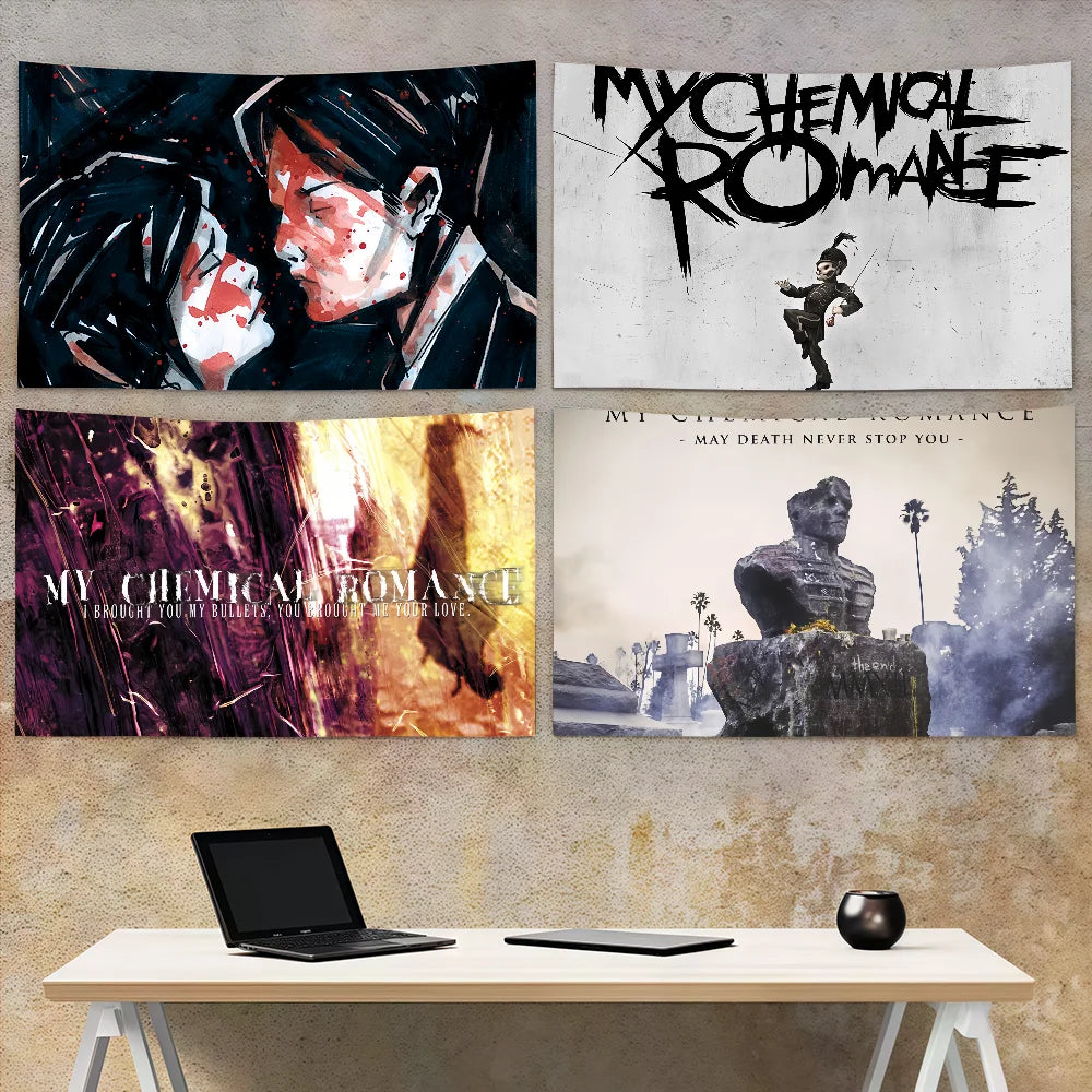 A banner featuring My Chemical Romance artwork and text, displayed above a desk.