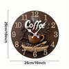 A brown wooden wall clock face with coffee beans and a steaming cup design.