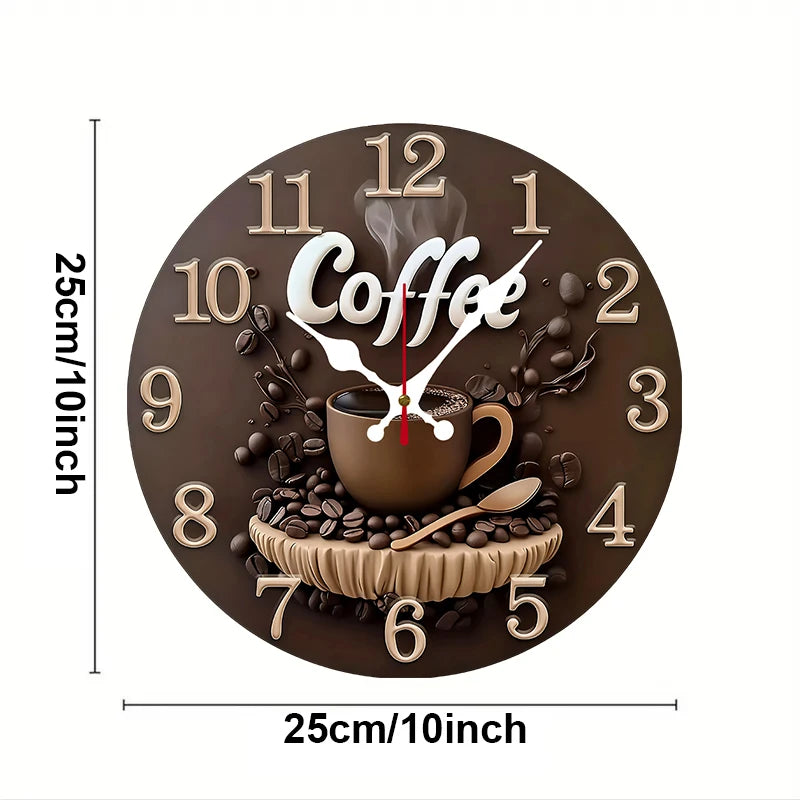 A brown wooden wall clock face with coffee beans and a steaming cup design.
