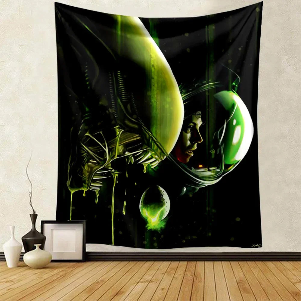 A dark tapestry featuring a green alien head with tentacles against a black background.
