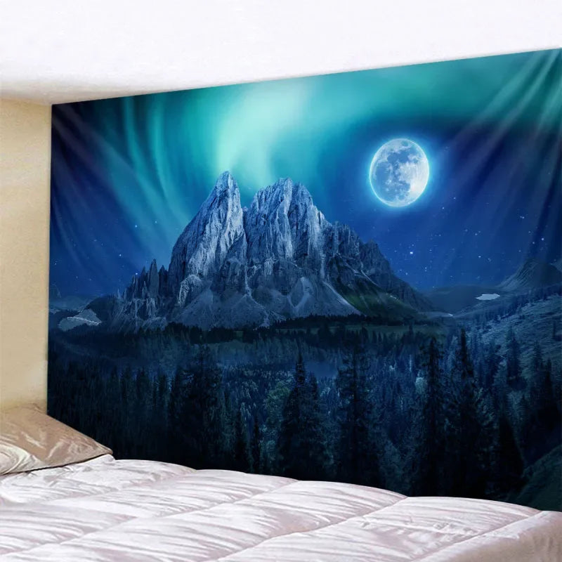 A dark landscape featuring a mountain silhouette under a vibrant blue aurora and a bright full moon in the night sky.