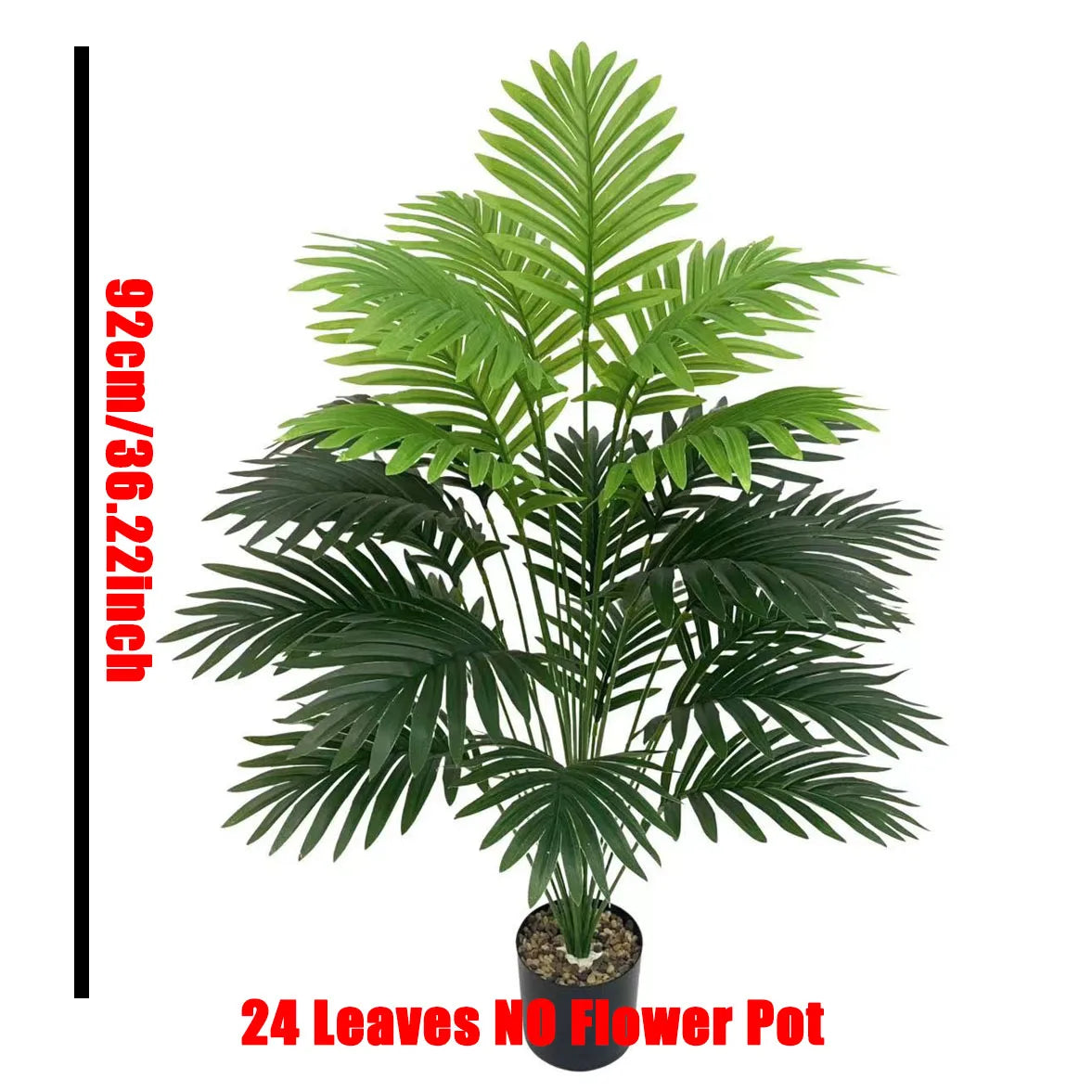 A vibrant green artificial palm tree with 24 leaves planted in a flower pot for indoor decor.
