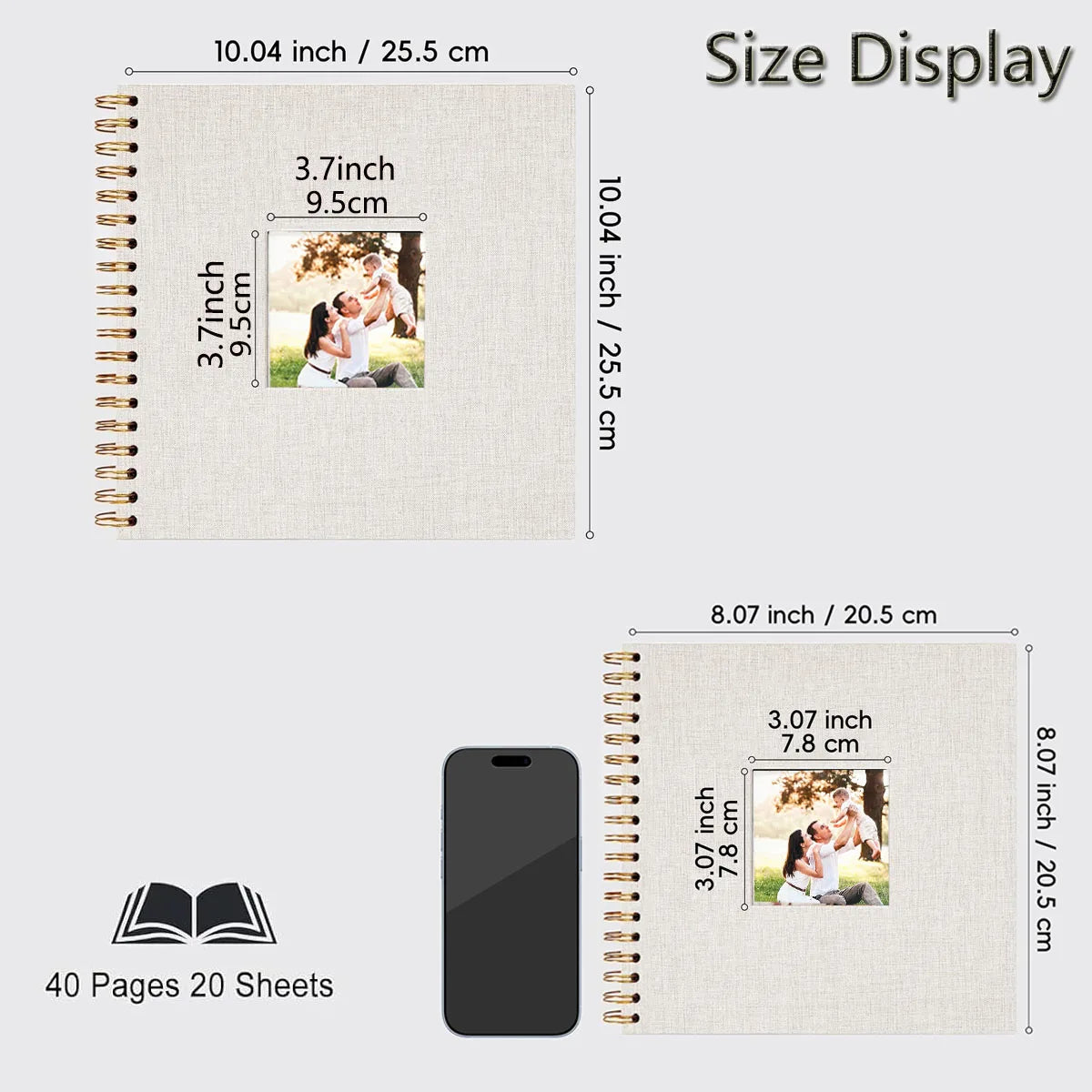 A beige linen cover scrapbook album with a spiral binding, showing its size display and a photo inside.