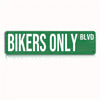 A green metal sign with white text that reads Bikers Only BLVD