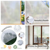 Frosted window privacy film is shown as a vertical panel, demonstrating its removable and reusable nature for static cling in