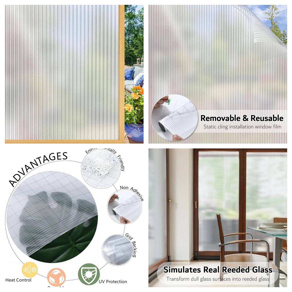 Frosted window privacy film is shown as a vertical panel, demonstrating its removable and reusable nature for static cling in