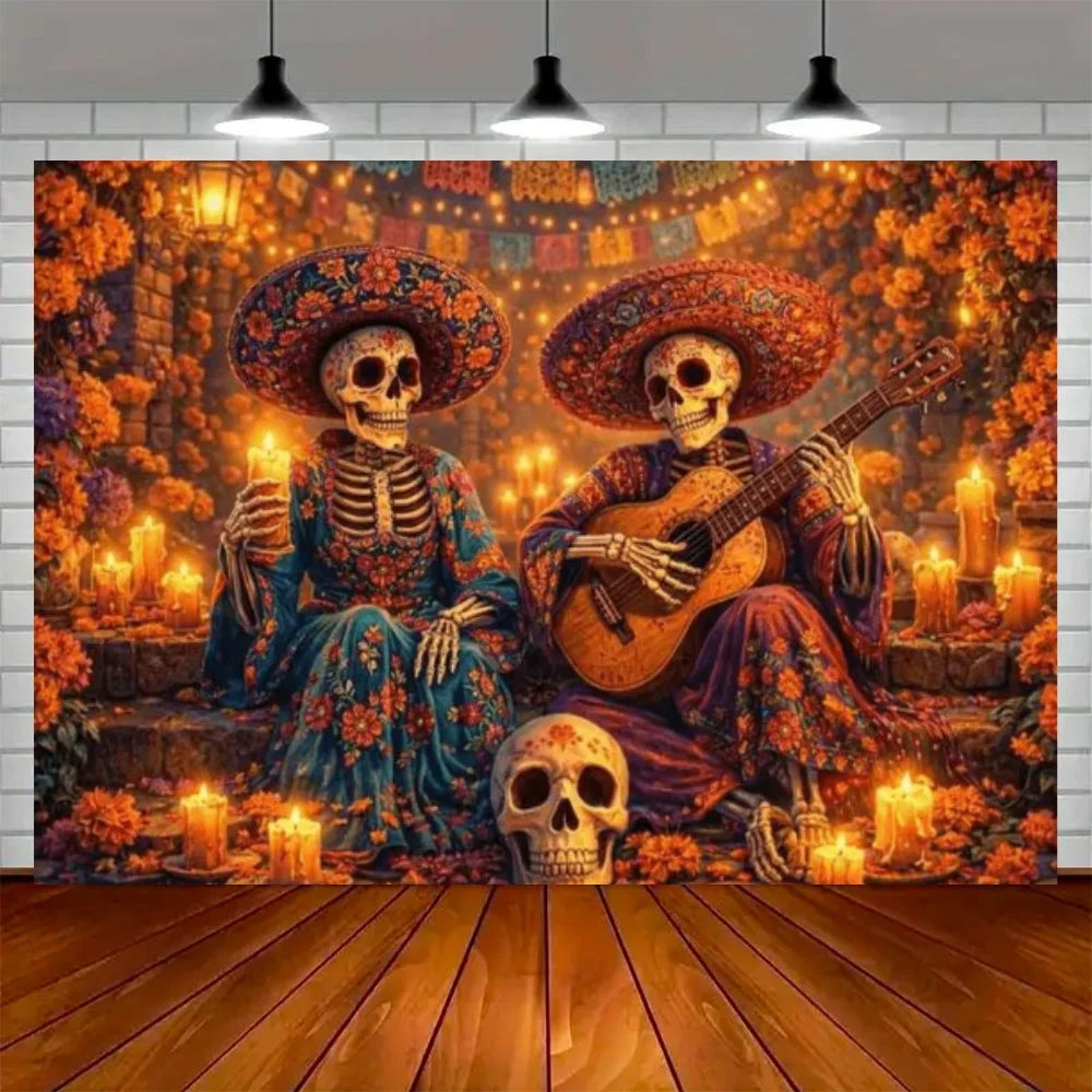 Day of the Dead Skeleton Carnival Backdrop for Halloween Party Decorations