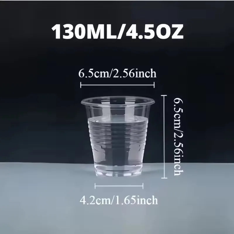 A clear plastic cup is shown with dimensions 6.5cm/2.56inch in height and 4.2cm/1.65inch in diameter.