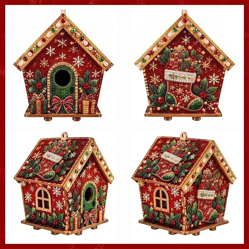A set of three 3D diamond painting Christmas cabin craft kits featuring detailed wooden structures decorated with festive gre