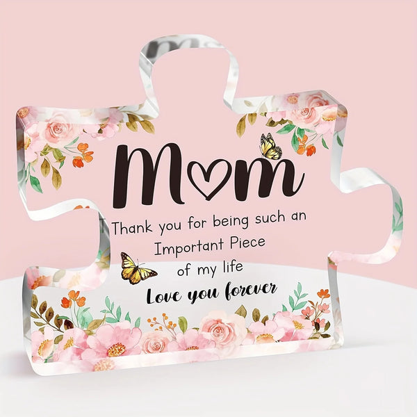 A personalized acrylic keepsake plaque with a floral design and the text Mom Love you forever.