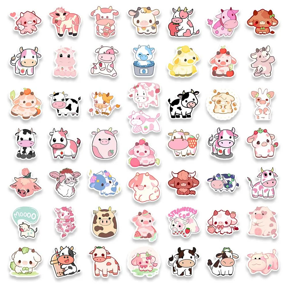 A collection of cute pink cow cartoon decals and stickers for DIY decoration