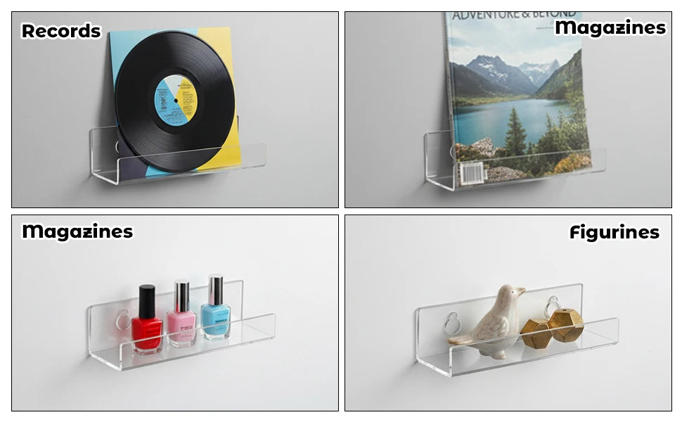 Four clear acrylic floating shelves displaying vinyl records, magazines, and figurines.