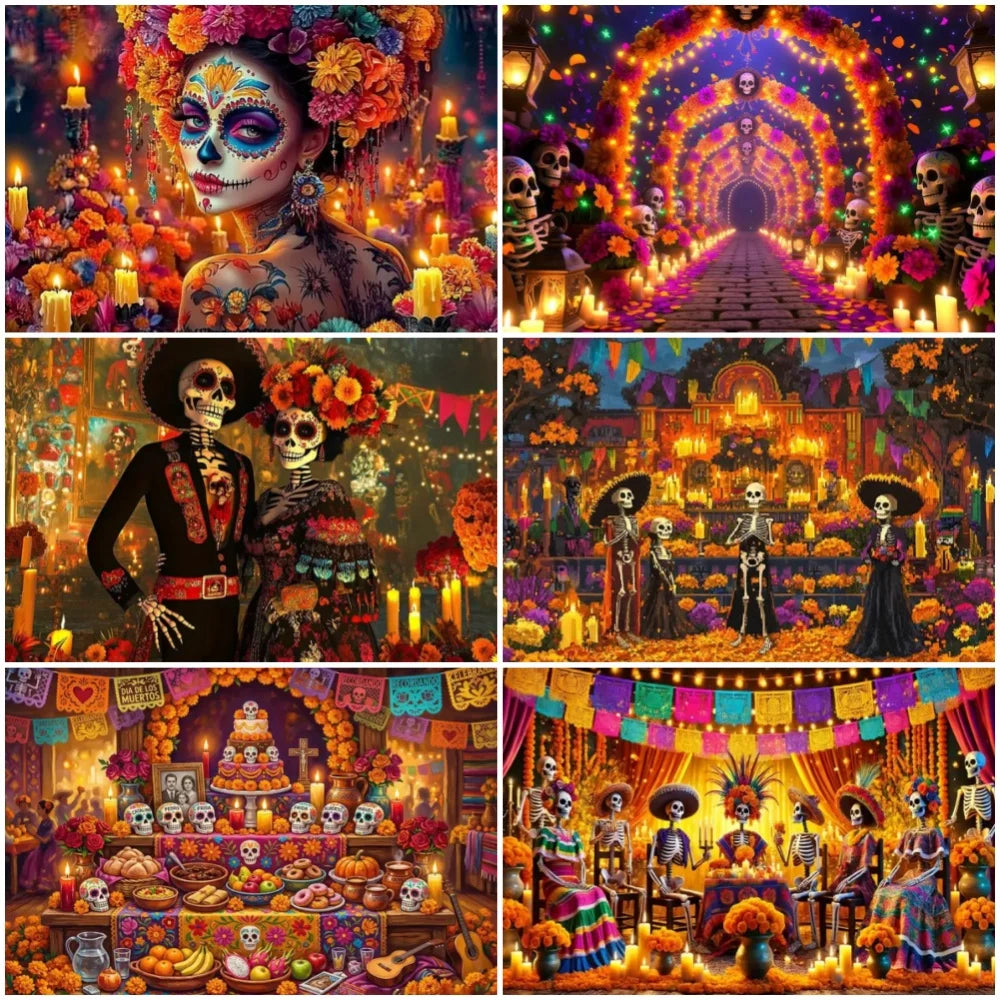 Day of the Dead Skeleton Carnival Backdrop for Halloween Party Decorations