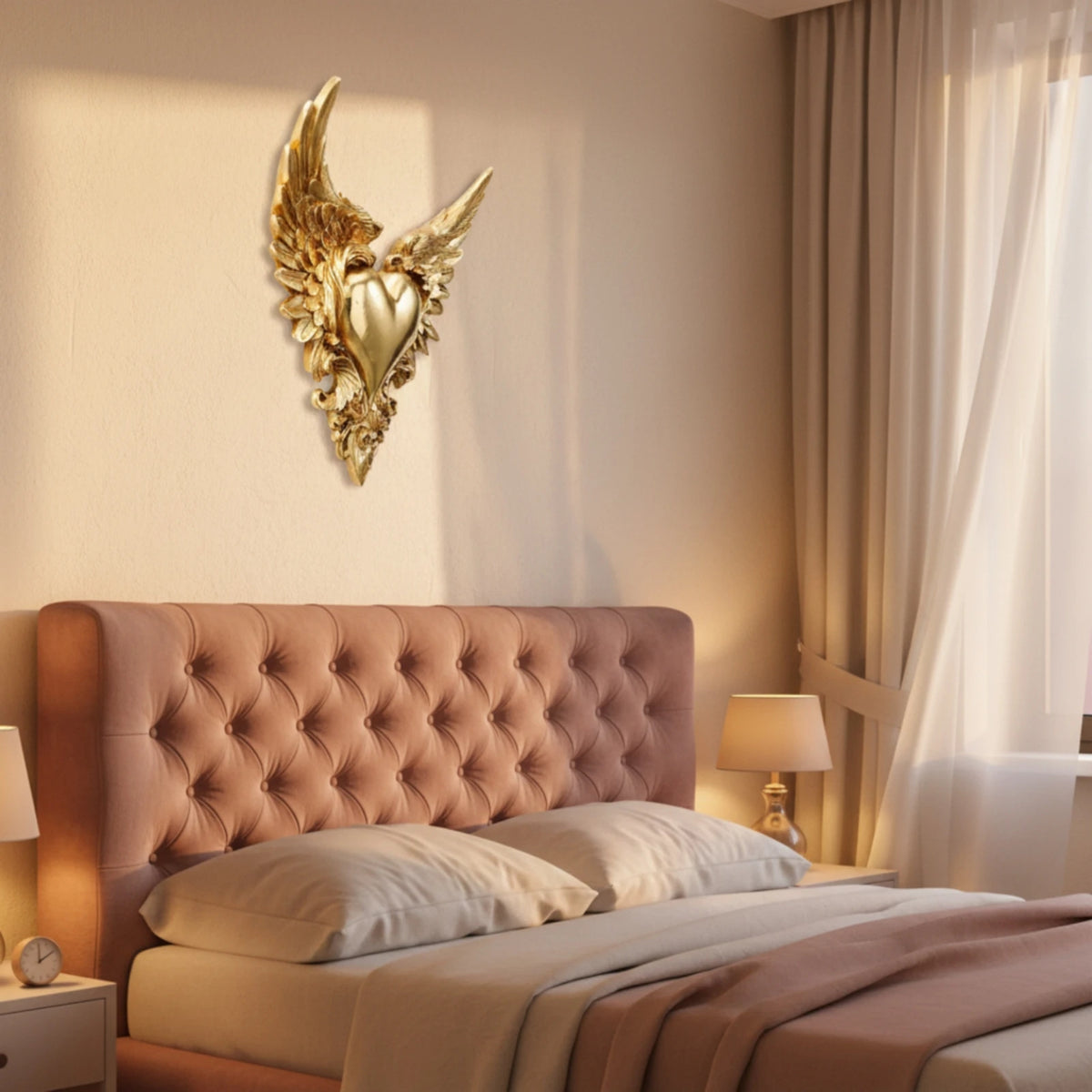Ornate winged heart wall decor above a bed with sheer curtains and soft lighting.