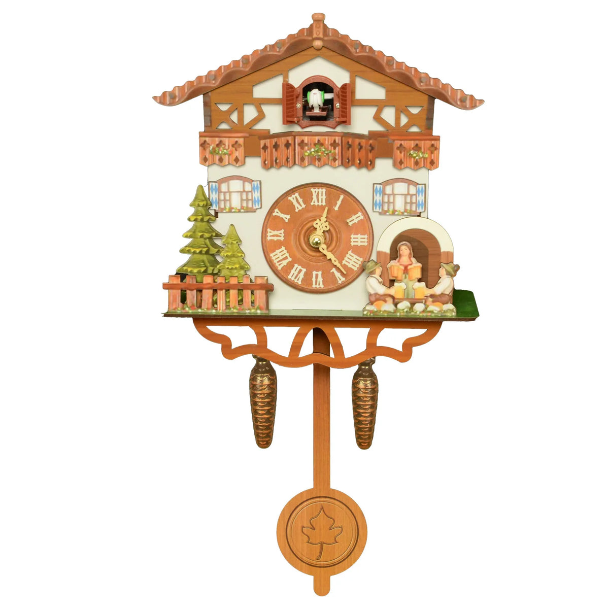 Vintage wooden cuckoo clock featuring a detailed house facade and a large clock face.
