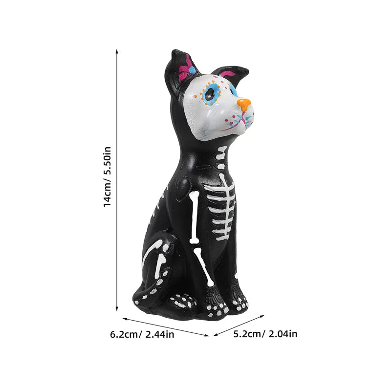A black and white resin figurine set of a dog and cat with colorful markings.