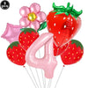 A pack of nine pink and red strawberry balloons, including a large number balloon shaped like the number four.