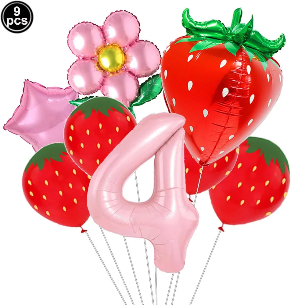 A pack of nine pink and red strawberry balloons, including a large number balloon shaped like the number four.