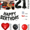 A set of red and black foil number balloons, heart balloons, and letter balloons for birthday decorations.