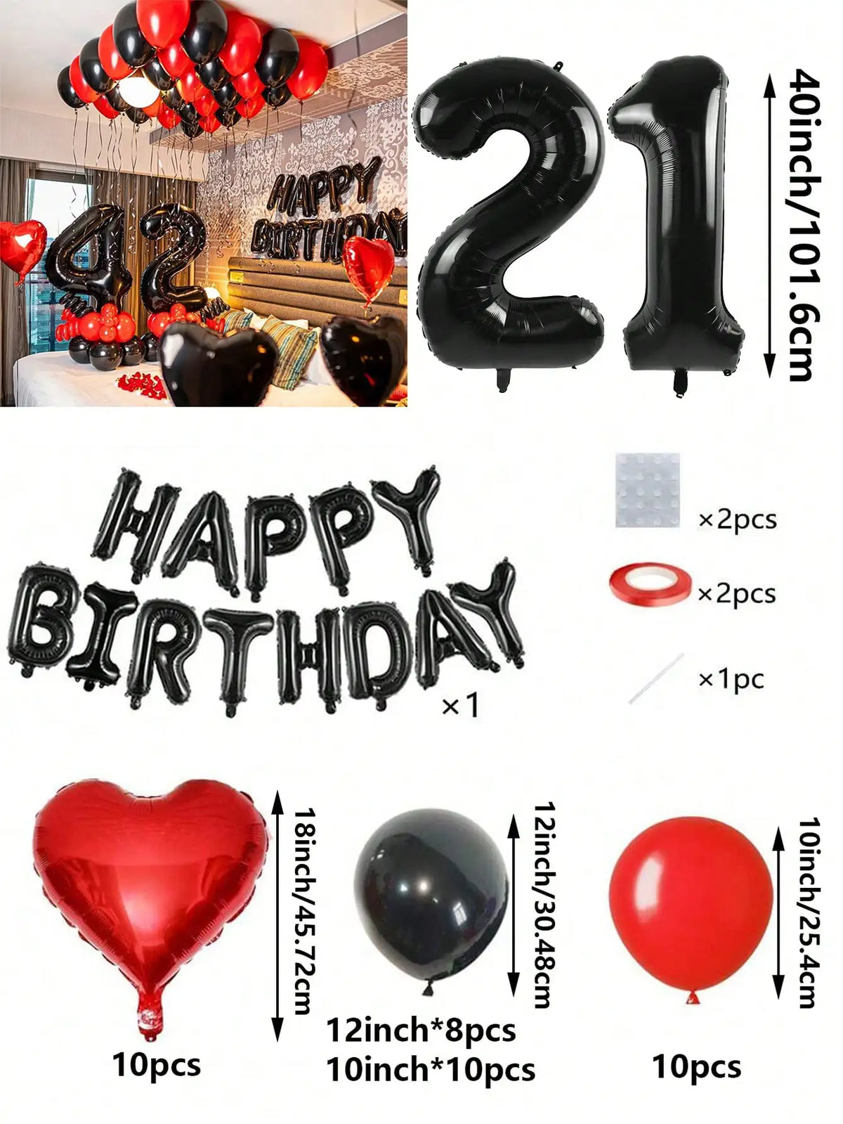 A set of red and black foil number balloons, heart balloons, and letter balloons for birthday decorations.