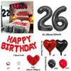A set of red and black birthday balloons including a 26-inch number balloon, heart balloons, and solid colored balloons.