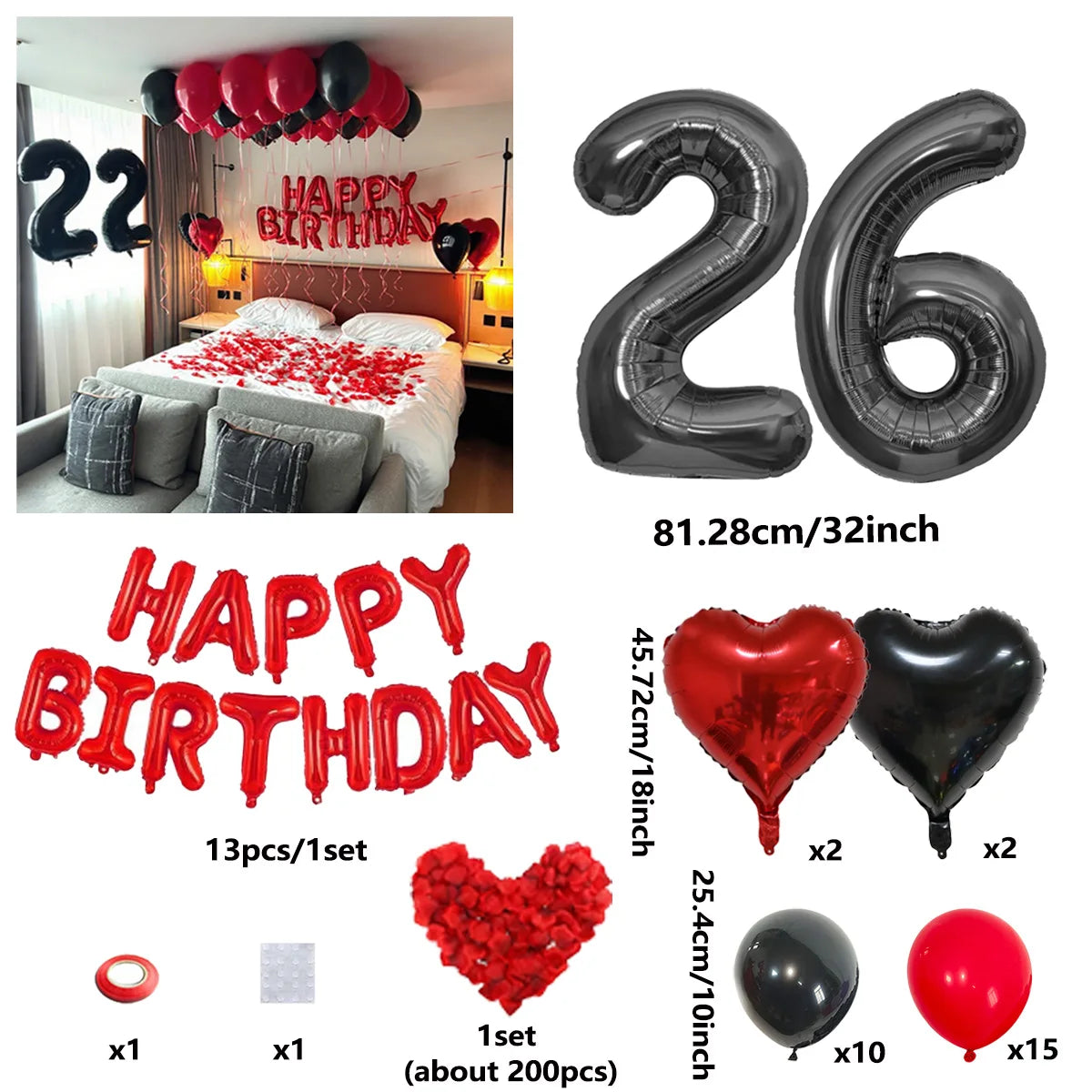 A set of red and black birthday balloons including a 26-inch number balloon, heart balloons, and solid colored balloons.