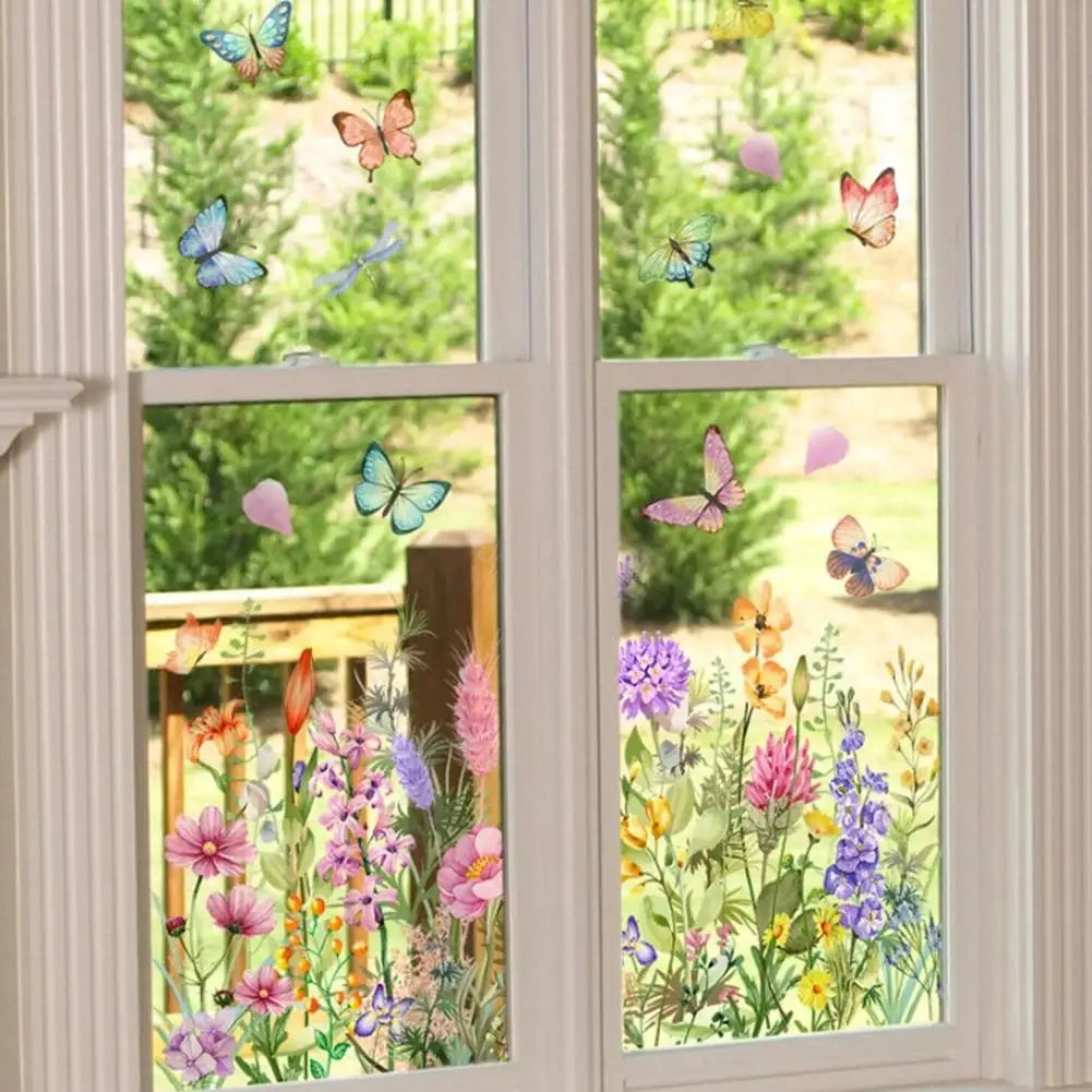 Window decal featuring colorful butterflies and flowers in a garden setting
