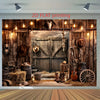 2D flat printing of a western barn door photo backdrop featuring cowboy hats and horses