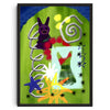 A vibrant painting featuring a purple silhouette of a horse and various abstract shapes in green, yellow, and blue tones.