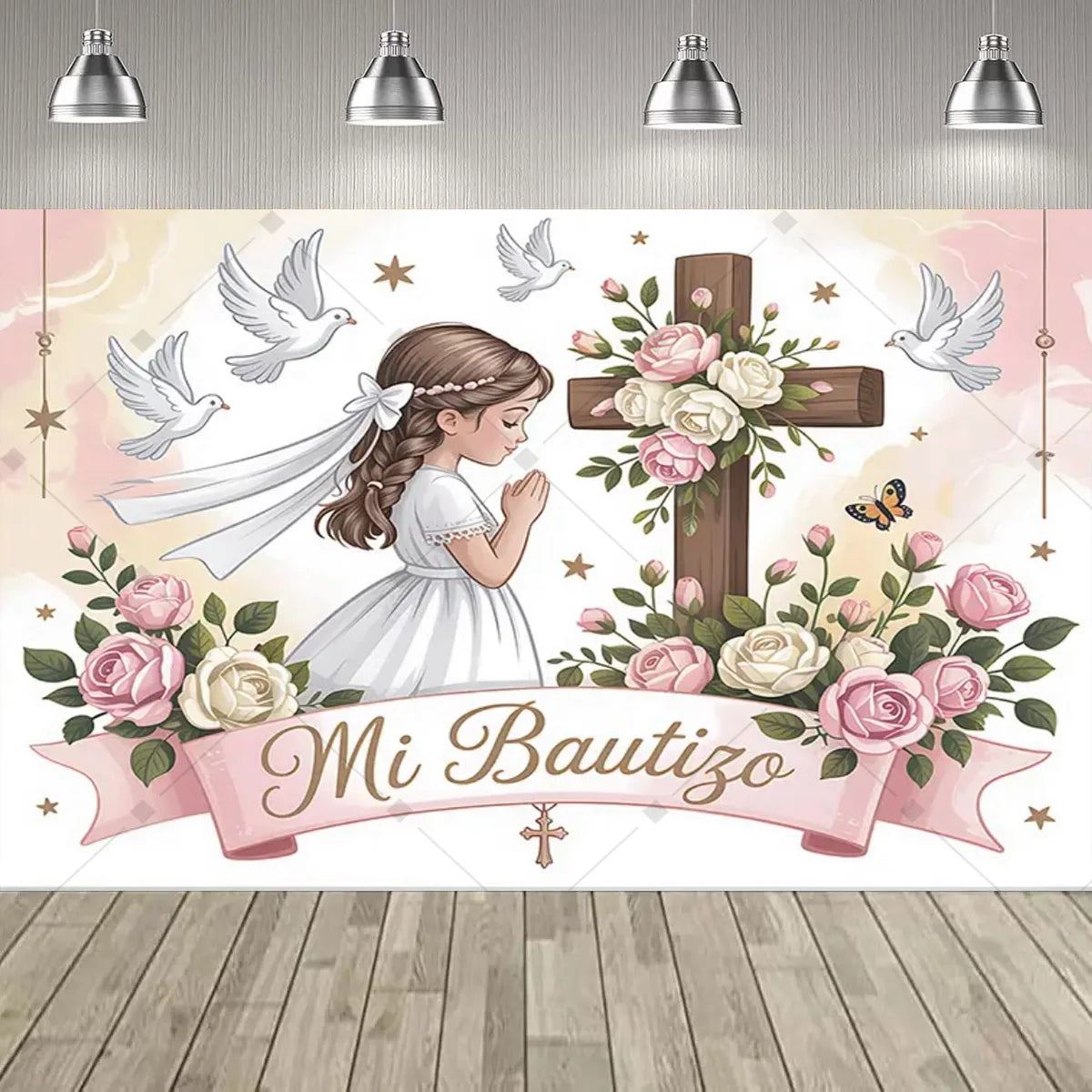 A pink and white First Communion backdrop featuring a girl, doves, roses, and a wooden cross design.