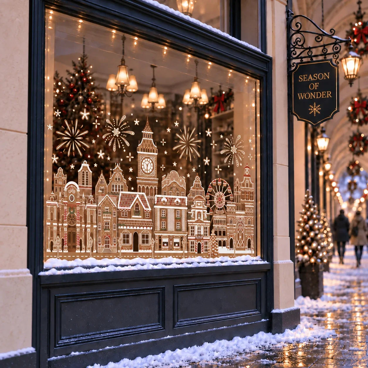 A window display featuring intricate gingerbread house clings decorated with snowflakes and holiday lights.