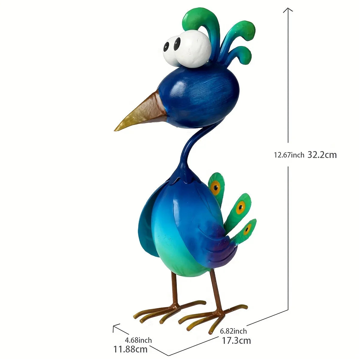 A blue metal peacock garden sculpture standing upright with a long beak and green eye accents.