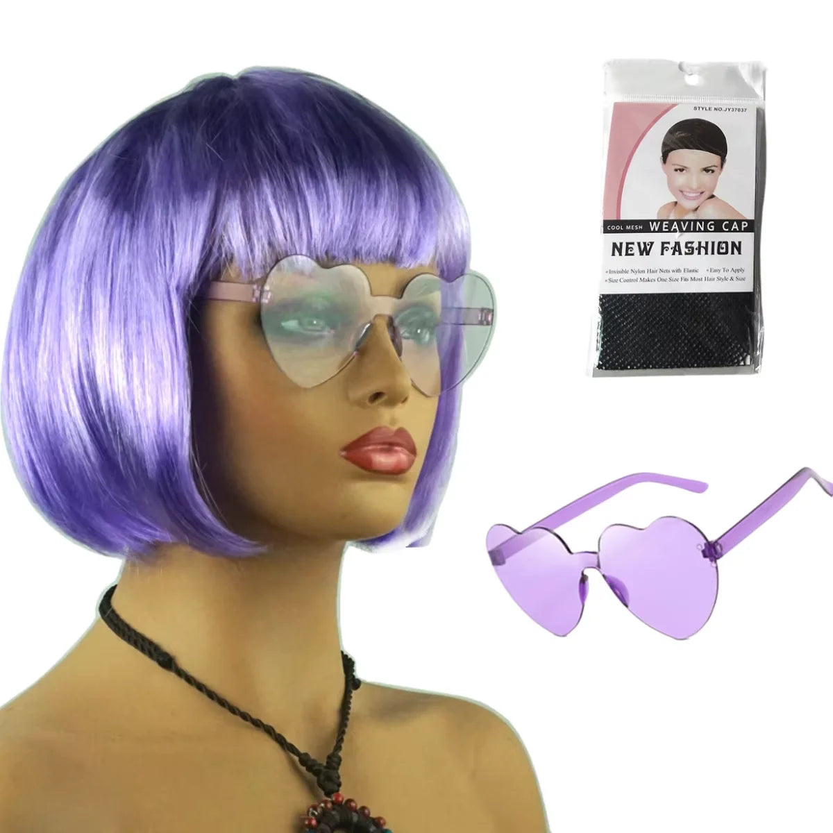 A purple bob wig with light-up features and heart-shaped sunglasses is displayed on a mannequin.