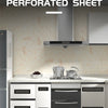 A kitchen setup showing a stainless steel vent perforated sheet installed above a countertop and cabinets.