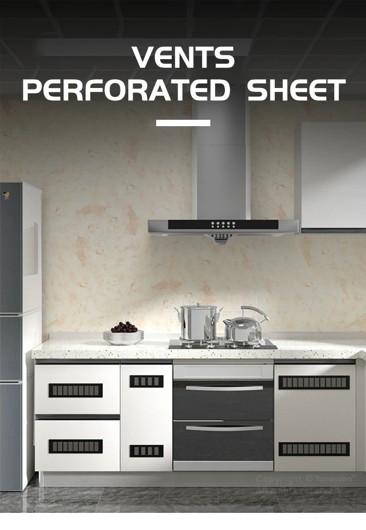 A kitchen setup showing a stainless steel vent perforated sheet installed above a countertop and cabinets.