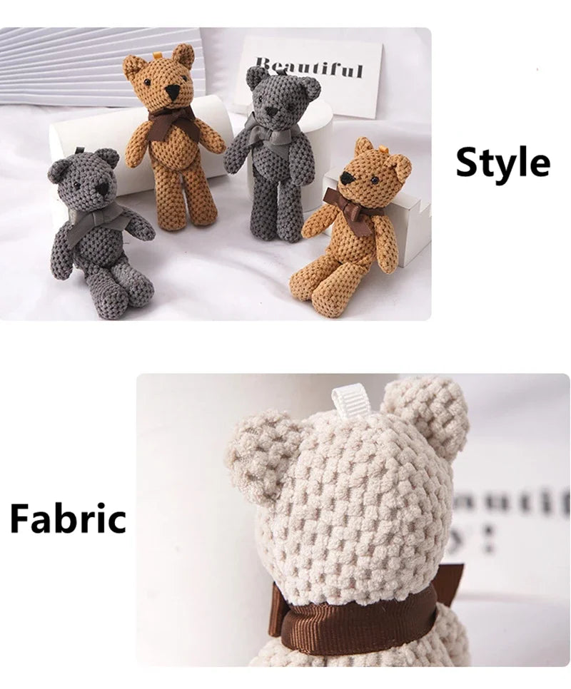 Three handmade stuffed bears in various shades of brown and gray displayed next to a sign labeled Beautiful