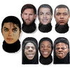 A collection of 3D printed celebrity cosplay masks featuring various male and female faces.