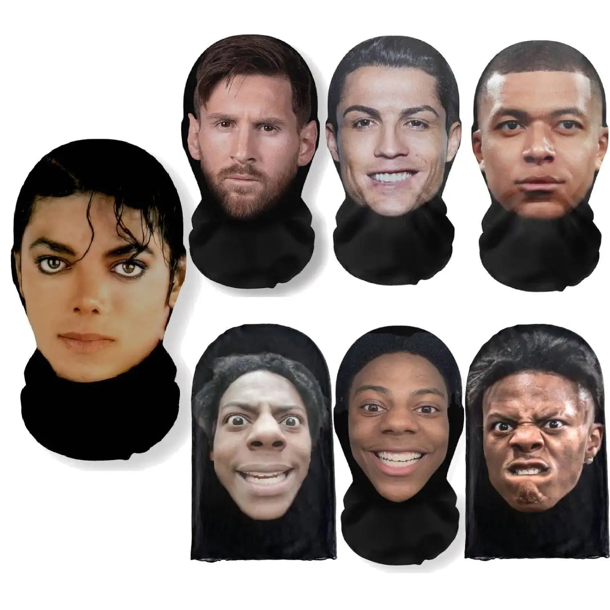A collection of 3D printed celebrity cosplay masks featuring various male and female faces.