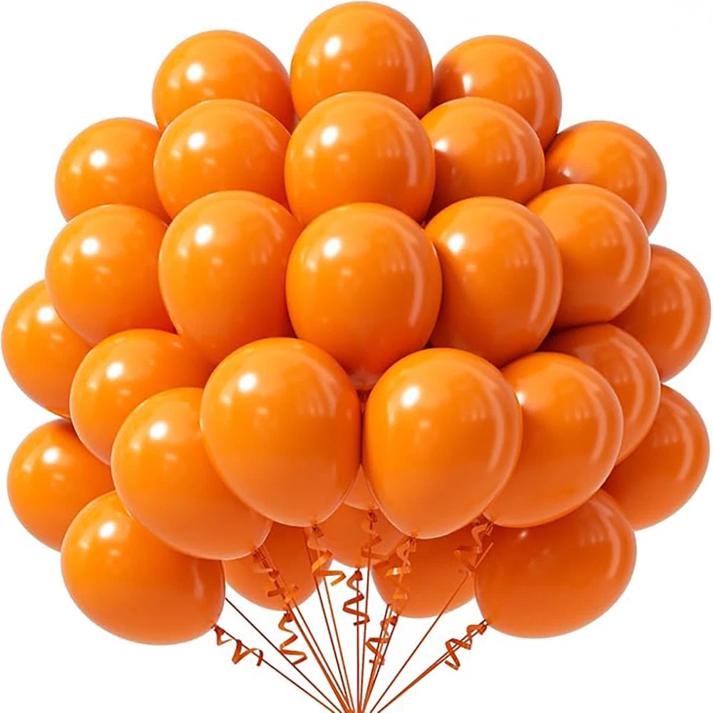 A bunch of bright orange latex balloons tied together for party decorations
