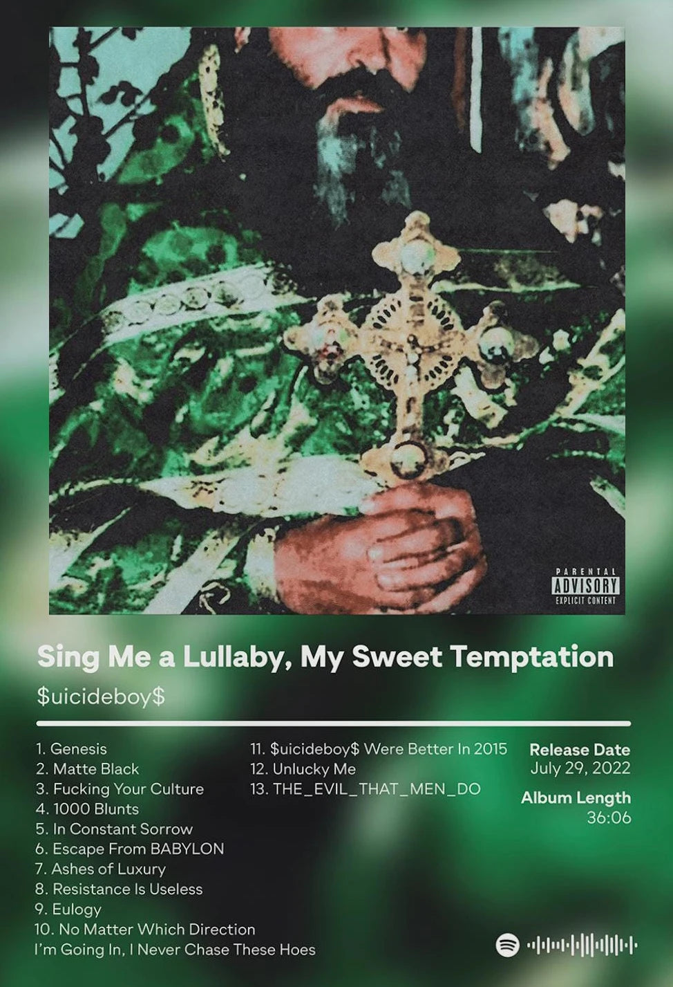 Album cover art for Sing Me a Lullaby My Sweet Temptation featuring a man with a beard and a cross motif.