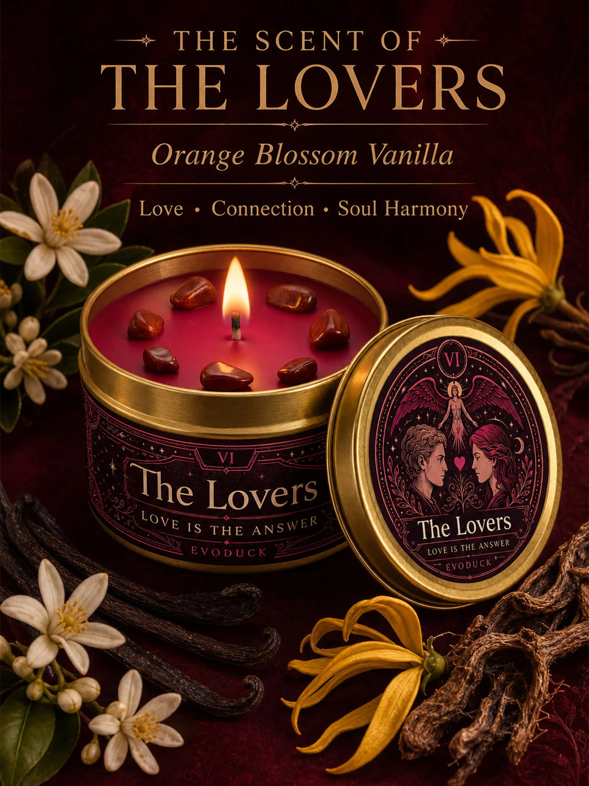 A candle jar labeled The Lovers in orange blossom vanilla with dried botanicals and a yellow floral element.