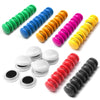 A set of ten colorful refrigerator magnets in shades of green, blue, orange, pink, and yellow arranged in a line.