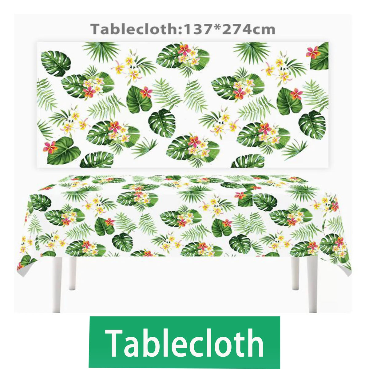 Green tropical leaf pattern tablecloth with floral accents