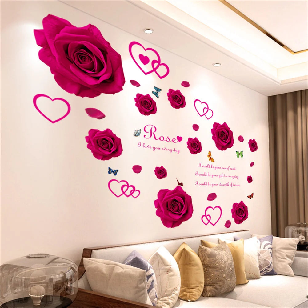 A wall decal featuring a large pink rose and smaller hearts in various shades of magenta on a white wall.