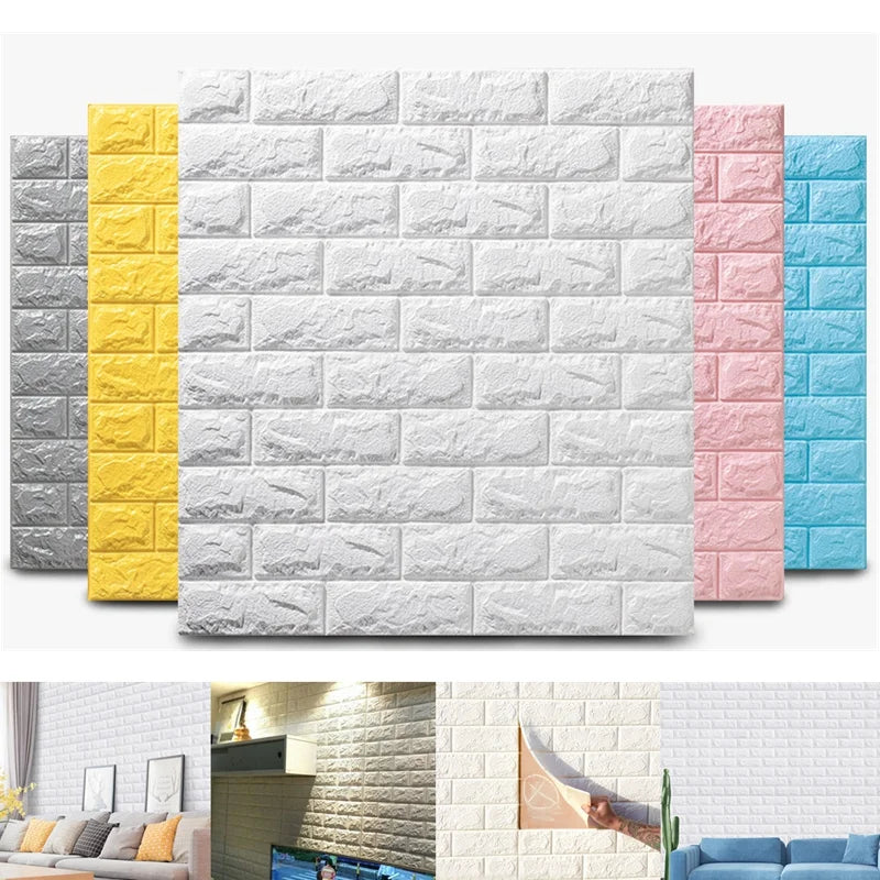 A collection of self-adhesive 3D brick wall panels in various colors including yellow, gray, pink, and blue.