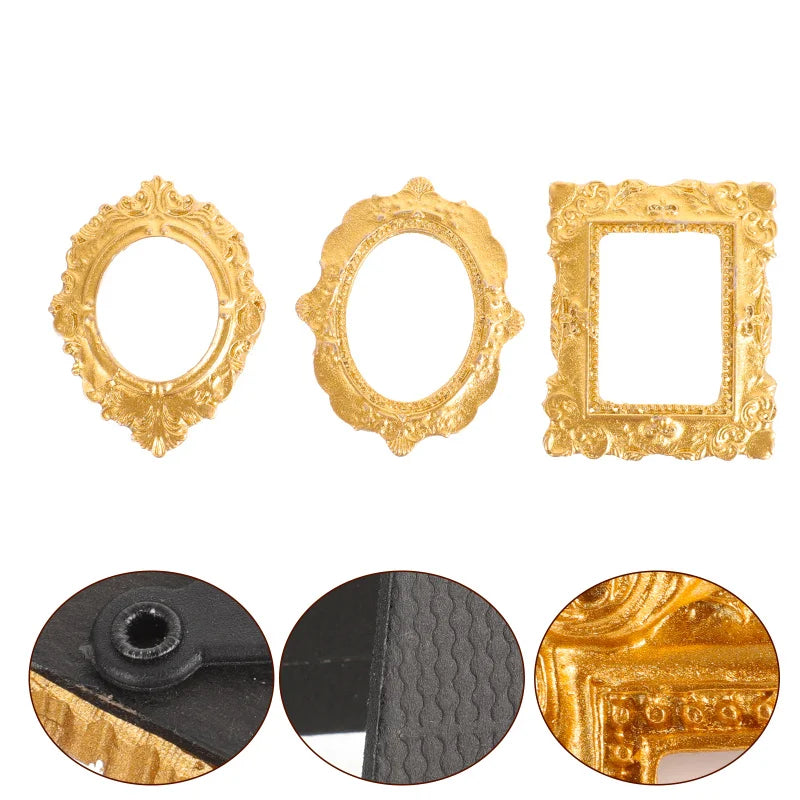 Three vintage gold oval and rectangular miniature photo frames for dollhouse decor shown with close-ups.